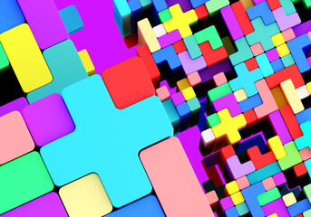 Poster - Geometric shapes in different colors. Wooden blocks, different primary shapes. Different colorful shapes wooden blocks on light background. 3D image.