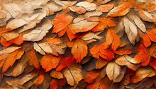 Closeup Texture Of Lovely Orange Autumn Leaves With Artistic Patterns