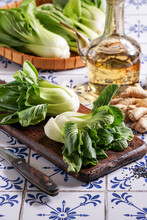 Fresh Bok Choy Or Pak Choi (Chinese Cabbage), With Black Sesame And Vegetable Oil, Organic Vegetables
