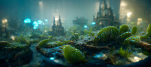 Great Elvish City Under Deep Water Sea Creatures Forest Digital Art Illustration Painting Hyper Realistic