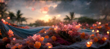 Outdoors Canopy Bed Cascading Flowers Translucent Ocean Digital Art Illustration Painting Hyper Realistic