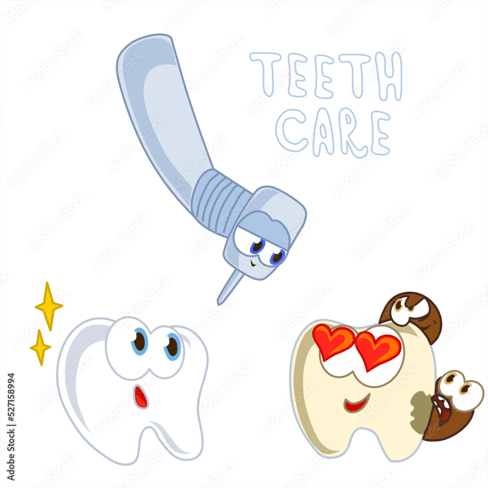 Set of cute characters healthy teeth care. Toothbrush, toothpaste tube ...