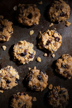 Date, Sultana And Corn Flake Cookies On A Baking Tray.