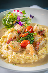 Wall Mural - Shrimp and Scallop Polenta with Spinach, Tomato and Bacon