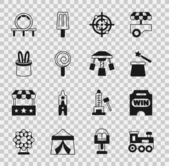 Sticker - Set Toy train, Circus ticket, Magic hat and wand, Target sport, Lollipop, Magician rabbit ears, Roller coaster and Attraction carousel icon. Vector