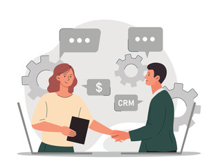 Fototapete - CRM contract concept. Man and woman shake hands, successful negotiations. Customer relationship management. Modern methods of marketing and promotion of goods. Cartoon flat vector illustration