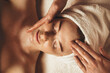 Leinwandbild Motiv Close-up of young woman getting spa massage treatment at beauty spa salon. Cosmetology beauty skin care anti-aging treatment rejuvenation. Body care, spa