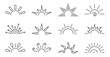 © VasiliyArt - Half sun line icon set. Sunrise sunset logotype isolated on white Various shape sunshine star. Cartoon summer sunlight nature sky. Simple graphic solar circle sign. Sunny heat rays weather app symbol