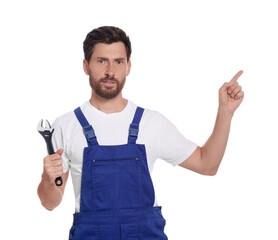 Poster - Professional plumber with adjustable wrench on white background