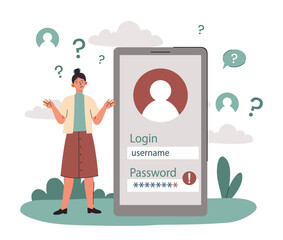 Aufkleber - woman forgot password. girl stands and spreads her hands near smartphone. problems with memory and a