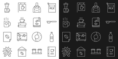 Sticker - Set line Coffee book, Bottle water, filter holder, Barista, cup and, heart, Electric coffee grinder and icon. Vector