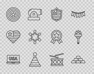 Poster - Set line USA on laptop, Gold bars, Shield with stars, Party hat, American shield, Hexagram sheriff, Drum and drum sticks and Torch flame icon. Vector