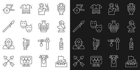 Wall Mural - Set line Greek trireme, Bottle of wine, Ancient bust sculpture, Zeus, Comedy and tragedy masks, Medieval spear, chariot and amphorae icon. Vector