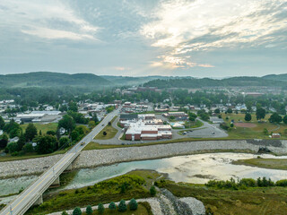 Aerial view of Mansfield University and town in rural Pennsylvania typical small town America in the rust belt with dramatic morning sky