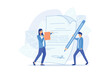 © Alwie99d - Document signing. Partnership deal, business consultation, work arrangement. Client and assistant writing contract cartoon characters.