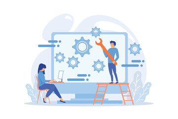 Poster - People configure the application on the big LCD screen with gears. Back end development it concept. Software development process. flat vector modern illustration