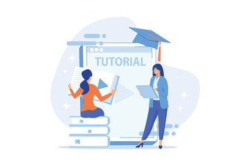 Wall Mural - Students watching video tutorial on tablet with player sign. Online education, web educational video, online courses and training, e-learning concept. flat vector modern illustration