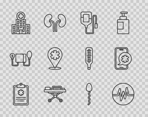 Wall Mural - Set line Clinical record, Heart rate, IV bag, Stretcher, Medical hospital building, Location with cross, Sperm and Emergency phone call icon. Vector