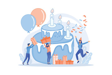 Poster - Happy people with gifts celebrating birthday at huge cake. Birthday party supplies, birthday party Invitations, birthday planning concept. flat vector modern illustration