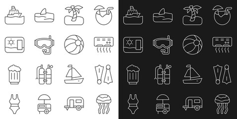 Poster - Set line Jellyfish, Rubber flippers for swimming, Air conditioner, Tropical palm tree, Diving mask, Travel postcard, Cruise ship and Beach ball icon. Vector