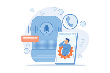 Poster - user making hands-free phone calls with smart speaker. smart home assistant, iot technology and voic