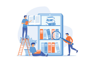 Wall Mural - Tablet with bookshelves and students searching and reading information. Digital learning, online database, content storing and searching, ebooks concept. flat vector modern illustration