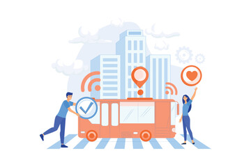 Poster - Passengers like and approve autonomos robotic driverless bus. Autonomous public transport, self-driving bus, urban transport services concept.