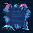 Undersea world plankton banner with frame and copy space for text, cartoon flat vector illustration.