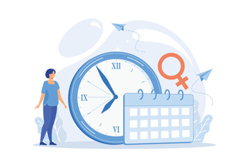 Wall Mural - menopause woman standing at her biological clock measuring age and calendar. menopause, women climac