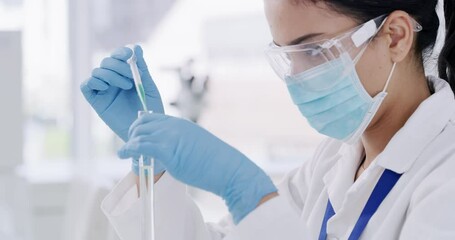 Aufkleber - Experience, research and innovation scientist woman with test tube for medical vaccine experiment. Young, professional science expert in a lab working on medicine or chemistry liquid in pathology