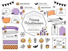 ハロウィンのシンプルな線画イラストフレームセット  / かぼちゃ,ゴースト,蜘蛛,蝙蝠 / イラスト,ベクター,あしらい