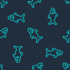 Poster - Green line Shark icon isolated seamless pattern on blue background. Vector