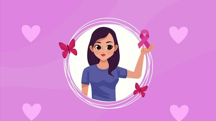 Poster - breast cancer animation with woman lifting ribbon