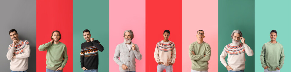 Wall Mural - Set of men in stylish sweaters on colorful background