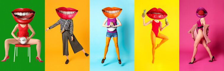 Poster - Set of fashionable women with lips instead of their heads on color background