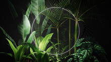 White Neon Light With Tropical Plants. Circle Shaped Fluorescent Frame In Rainforest Environment.