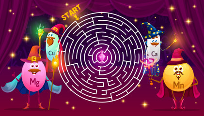 Aufkleber - Help vitamins and minerals mage characters to find a potion bottle maze game. Kids labyrinth puzzle vector worksheet with cartoon personages of food supplements wizard and magician, wand, hat and cape