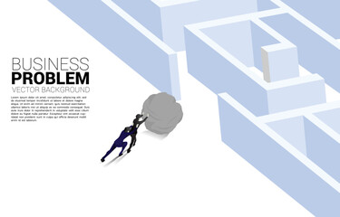 Poster - Silhouette of businessman pushing the rock to enter to maze. Concept of business challenge and work hard.