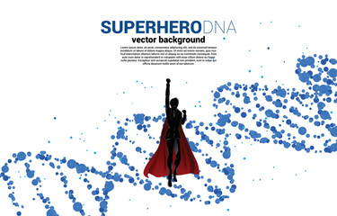 Poster - silhouette of businessman in superhero flying with dna genetic structure from dot random. background