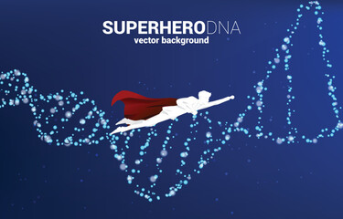Poster - silhouette of businessman in superhero flying with dna genetic structure from dot random. background