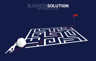 Poster - Silhouette of businessman pushing the rock to enter to maze. Concept of business challenge and work hard.