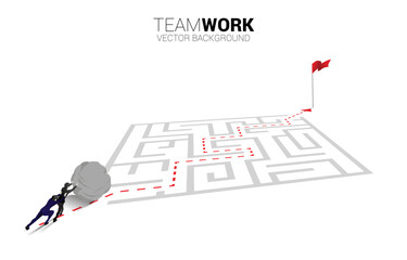 Poster - Silhouette of businessman pushing the rock to enter to maze. Concept of business challenge and work hard.