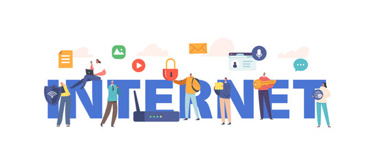 Poster - internet concept, modern network technology, free wi-fi hotspot. characters with lock, key, laptop, 