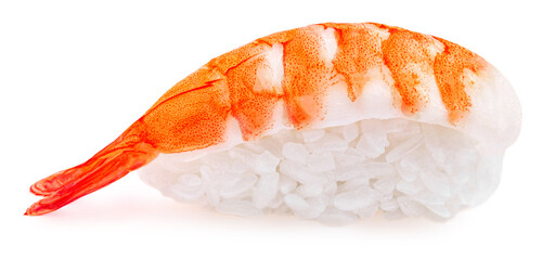 Wall Mural - Sushi with a shrimp isolated on white background.  Side view. Macro. Japan fresh sushi closeup