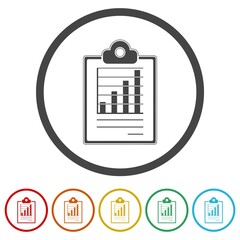 Poster - Clipboard with graph chart icon. Set icons in color circle buttons