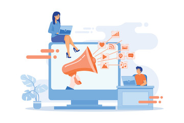 Poster - marketing specialists and computer with megaphone and social media icons. social media marketing, so