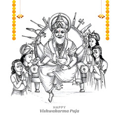 Wall Mural - Hand draw hindu god vishwakarma sketch and vishwakarma puja celebration card design