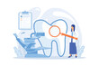 © Alwie99d - Dentist with magnifier on ladder examining huge patient tooth and dental chair. Private dentistry, dental service, private dental clinic concept. flat vector modern illustration