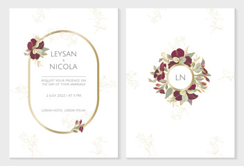 Wall Mural - Elegant invitation cards template. Burgundy flowers with oval gold frame and floral monogram.. Graphic design page.