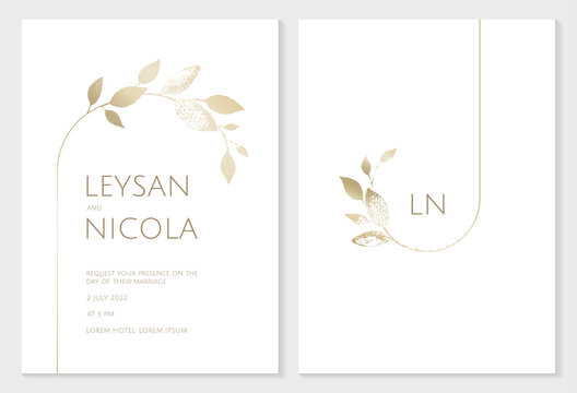 Elegant wedding invitation template. Gold textured twigs -frames. Hand-drawn leaves.